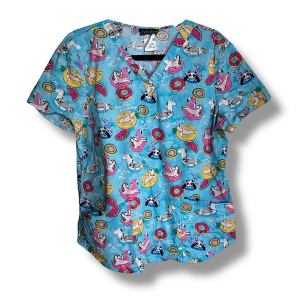 Cherokee Scrub Top L Blue Go with the Float Unicorn Sloth Panda Llama - Picture 1 of 4